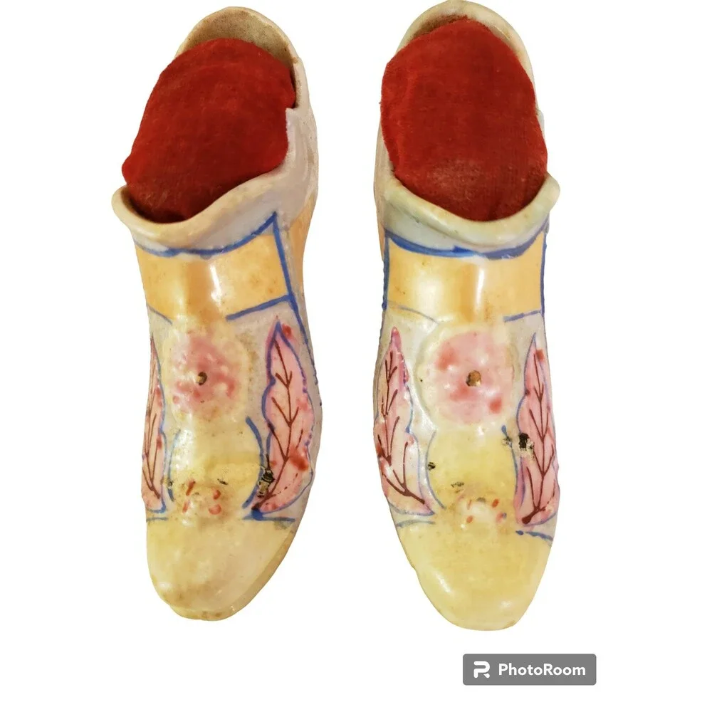 2 Vintage Antique High Heel Shoe Pin Cushion Hand Painted Pastels Flowers 1950s